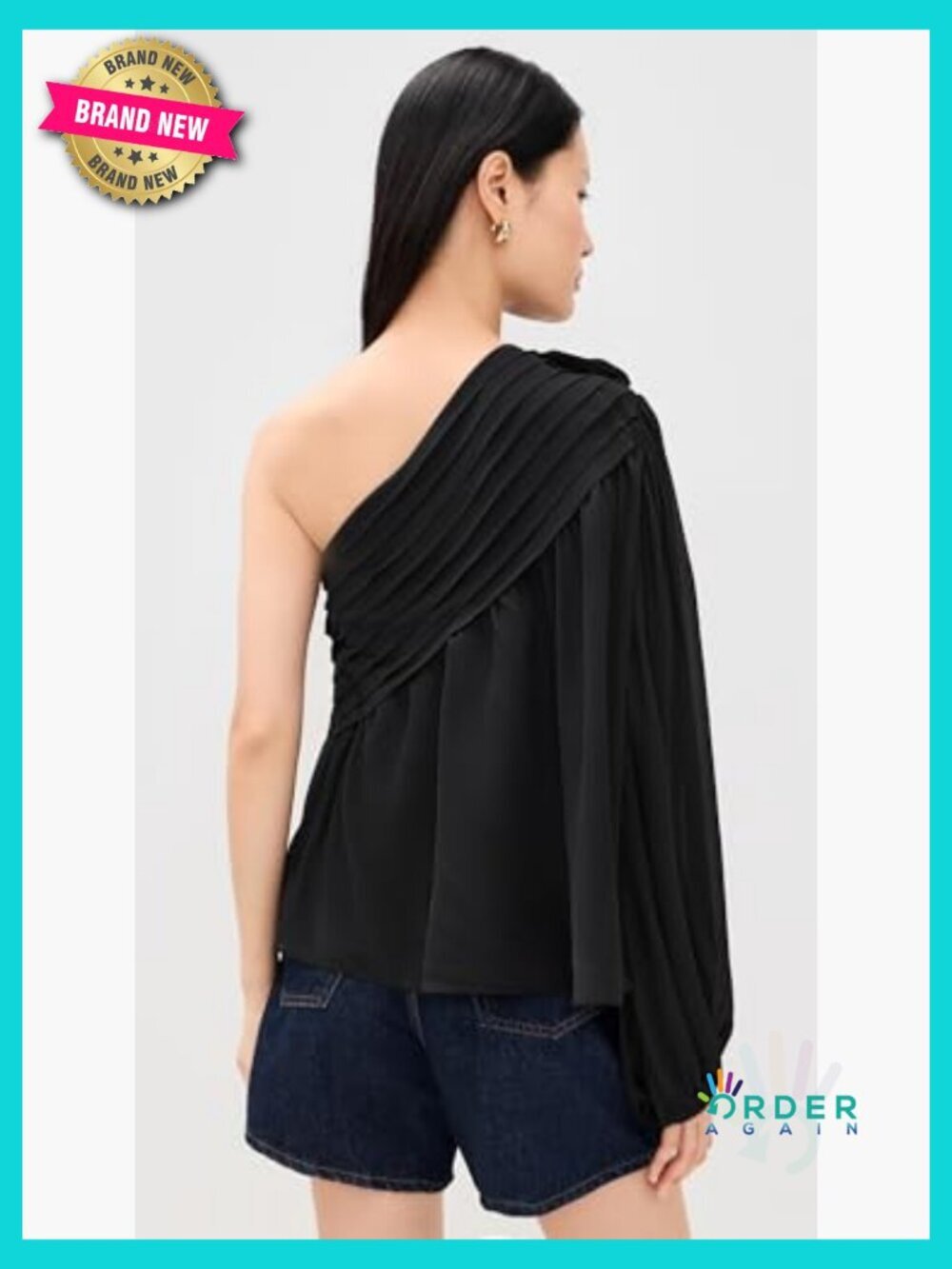 One Shoulder Blouse Lightweight Georgette Loose Fit Elegant Chic Rose Accent - Picture 4 of 6